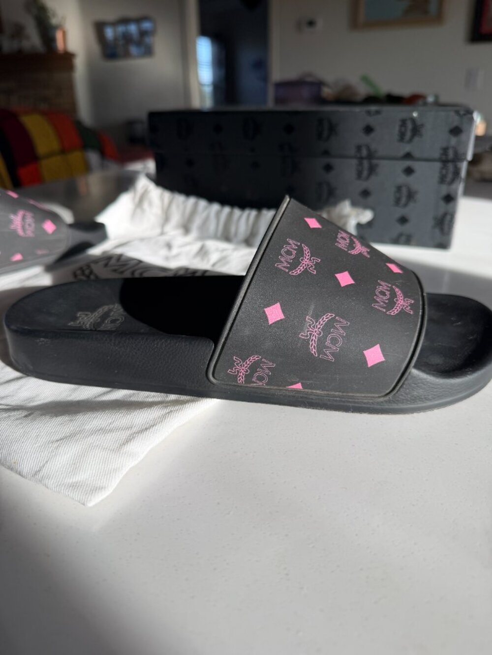 MCM Black Pink Monogram Print Rubber Slides Sandals Great Used Condition w/ Box - Picture 3 of 12